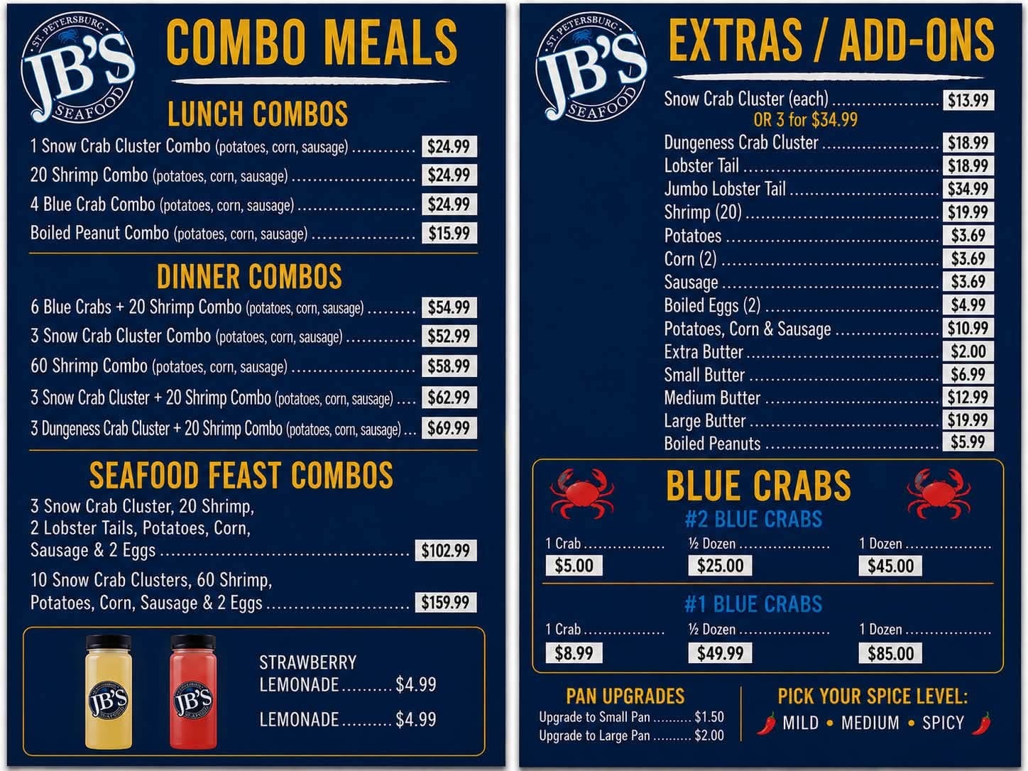 JB's Seafood full menu with combo meals, extras, and pricing