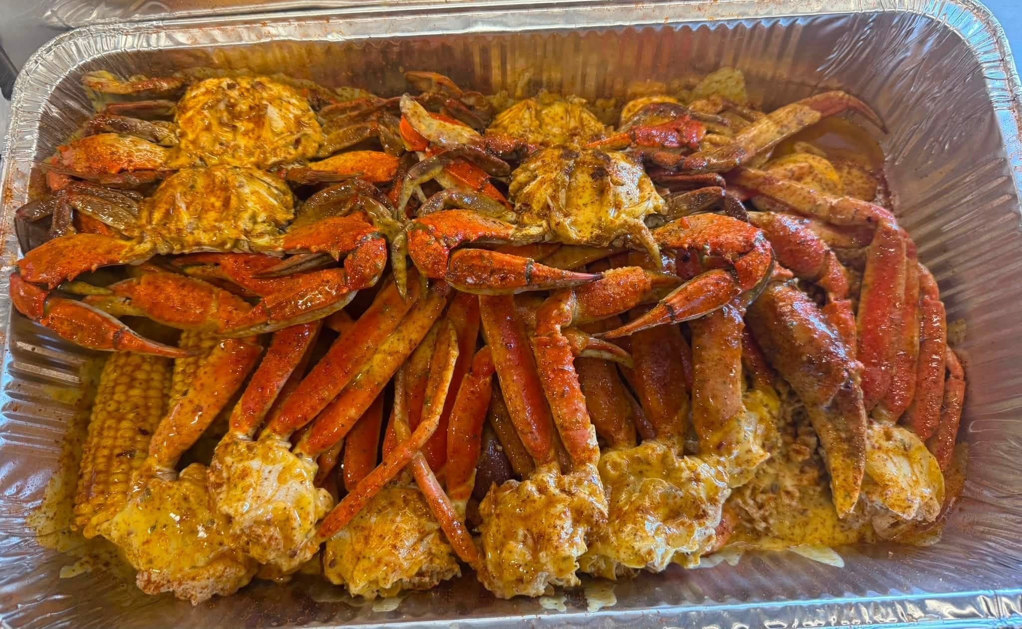 JB's seafood feast with snow crab and corn